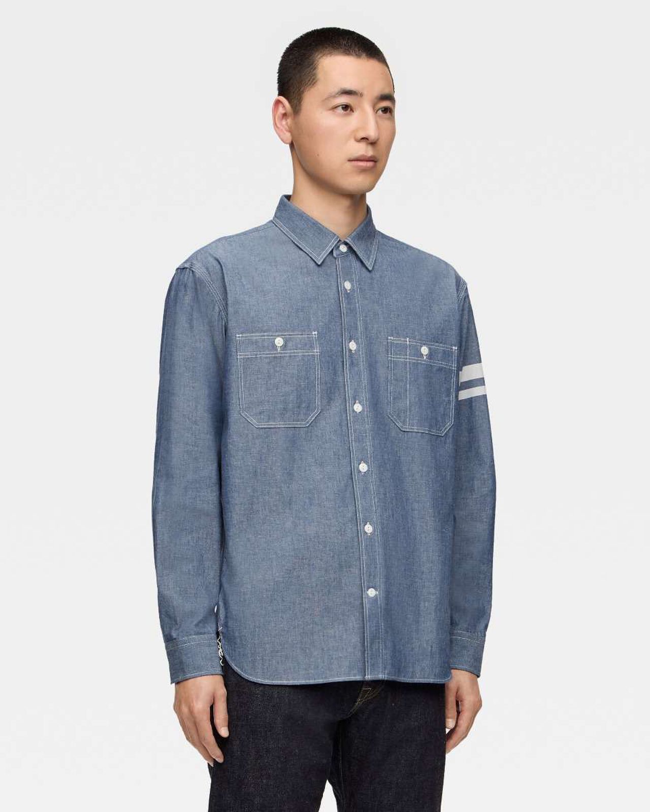 TRIPLE STITCH L/S CHAMBRAY SHIRT (TWO STRIPES),Indigo, large image number 1