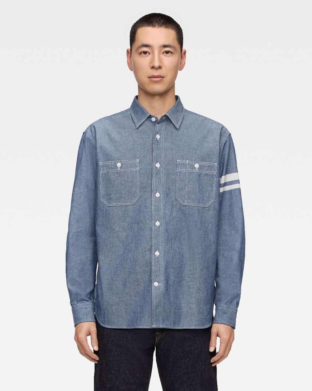 TRIPLE STITCH L/S CHAMBRAY SHIRT (TWO STRIPES),Indigo, large image number 0