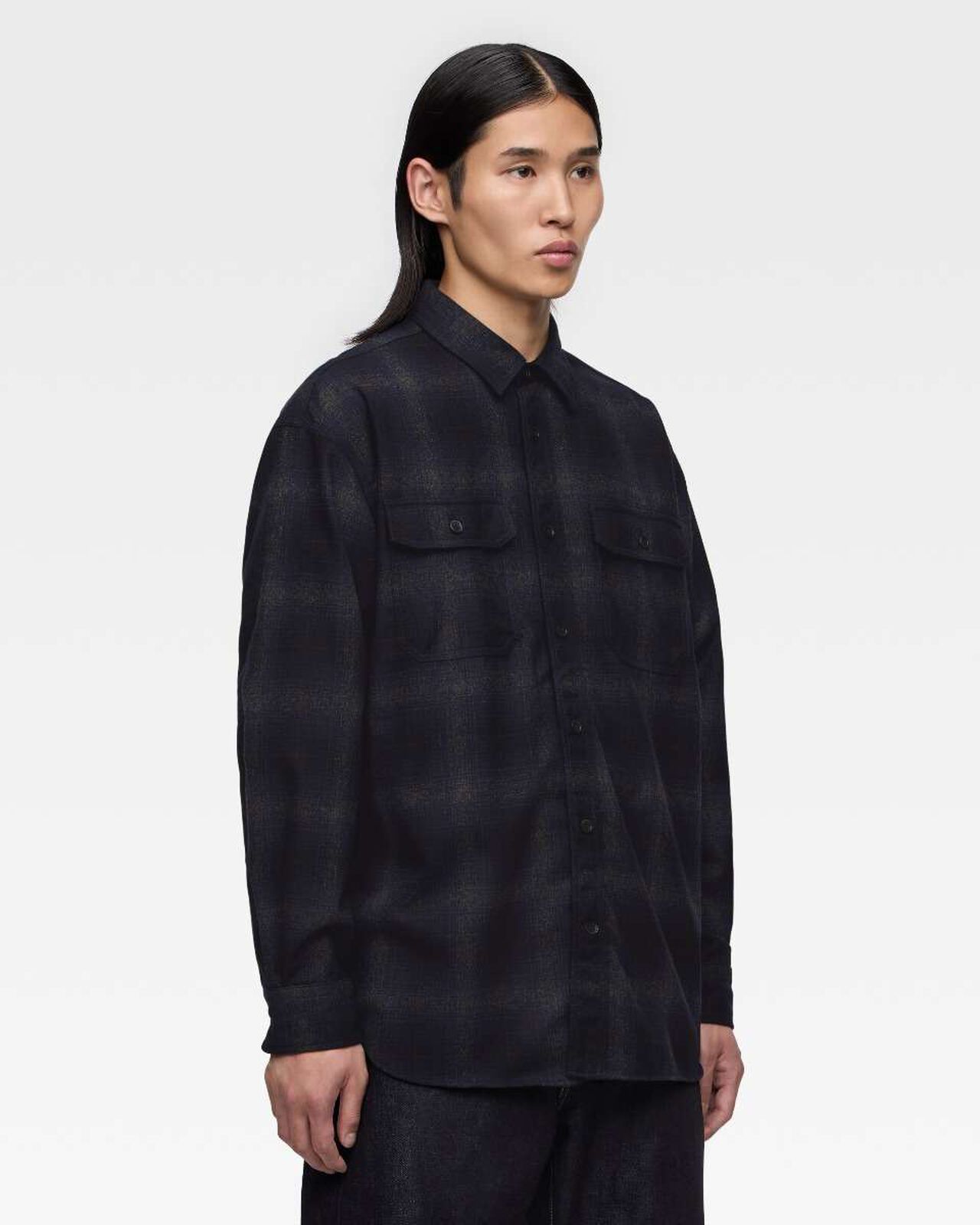 WOOL×CASHMERE OMBRE CHECK L/S SHIRT,NAVY, large image number 1